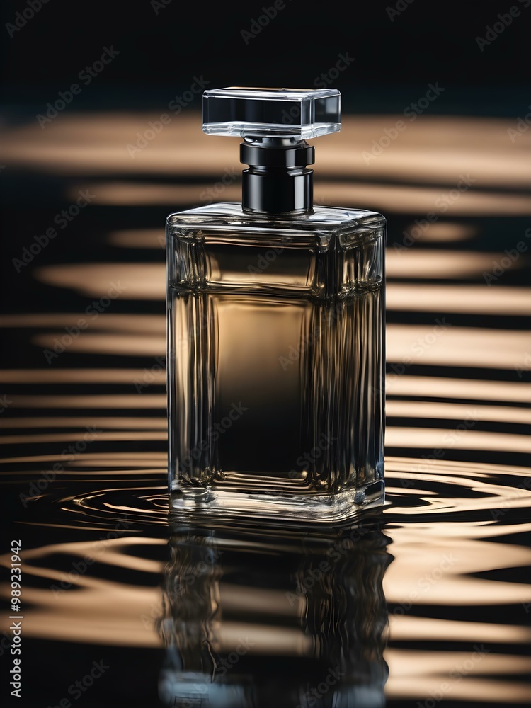 A glass perfume bottle reflecting on a glossy, black water surface with ripples A glass perfume bottle reflecting on a glossy, black water surface with ripples