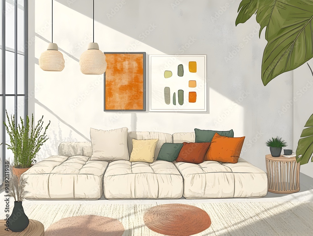 Obraz premium Cozy and minimalist living room interior design with plush sofa decorative cushions and pillows wall art potted plants and wooden floors bathed in natural sunlight through large windows