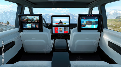 Futuristic car interior with advanced multimedia display dashboard. Urban driving and modern technology concept