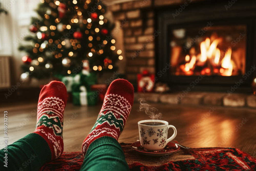 Woman legs with cozy Christmas socks and mug of hot drink in front of the fireplace. Christmas time and cold winter night, home interior. Woman legs with cozy Christmas socks and mug of hot drink in front of the fireplace. Christmas time and cold winter night, home interior.