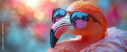 sassy flamingo donning oversized sunglasses vibrant pink feathers tropical beach background quirky summer vibe digital art style photo