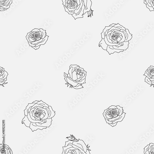 Seamless pattern with hand drawn rose flowers. Vector floral background. Summer botanical sketch illustration. Monochrome design ideal for print, fabric, wrapping paper