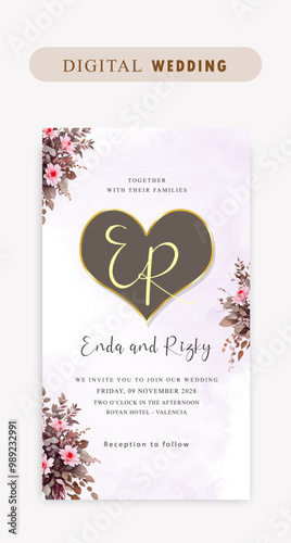 Wedding invitation card with floral watercolor