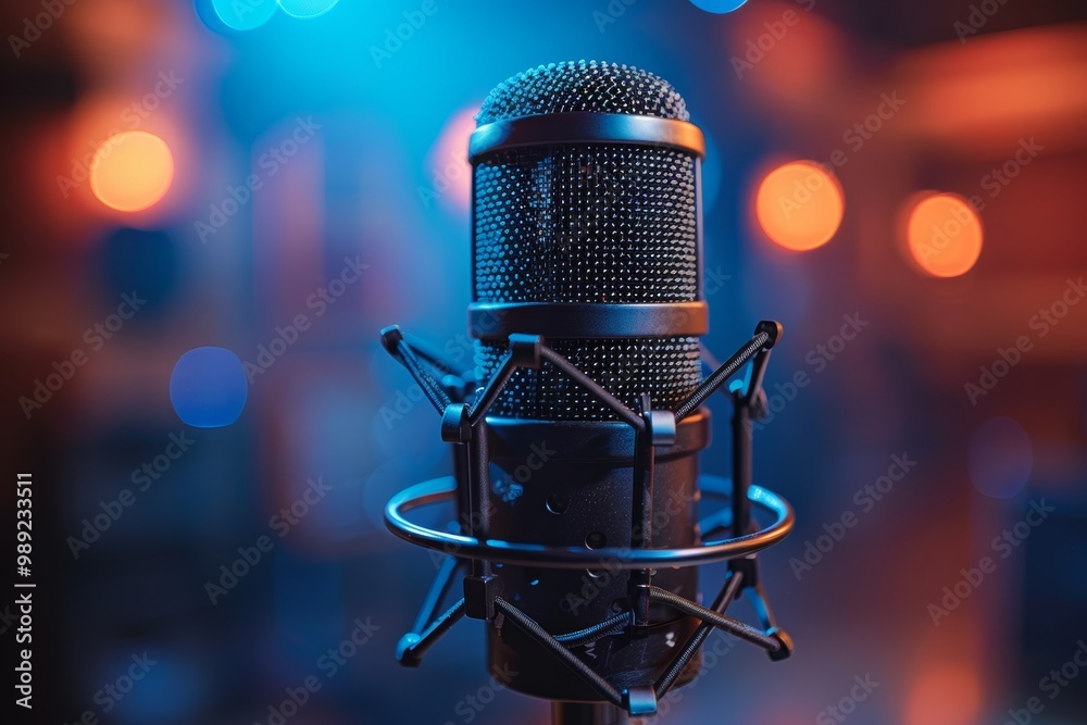 Professional studio condenser microphone mounted on tripod for music recording on blue background