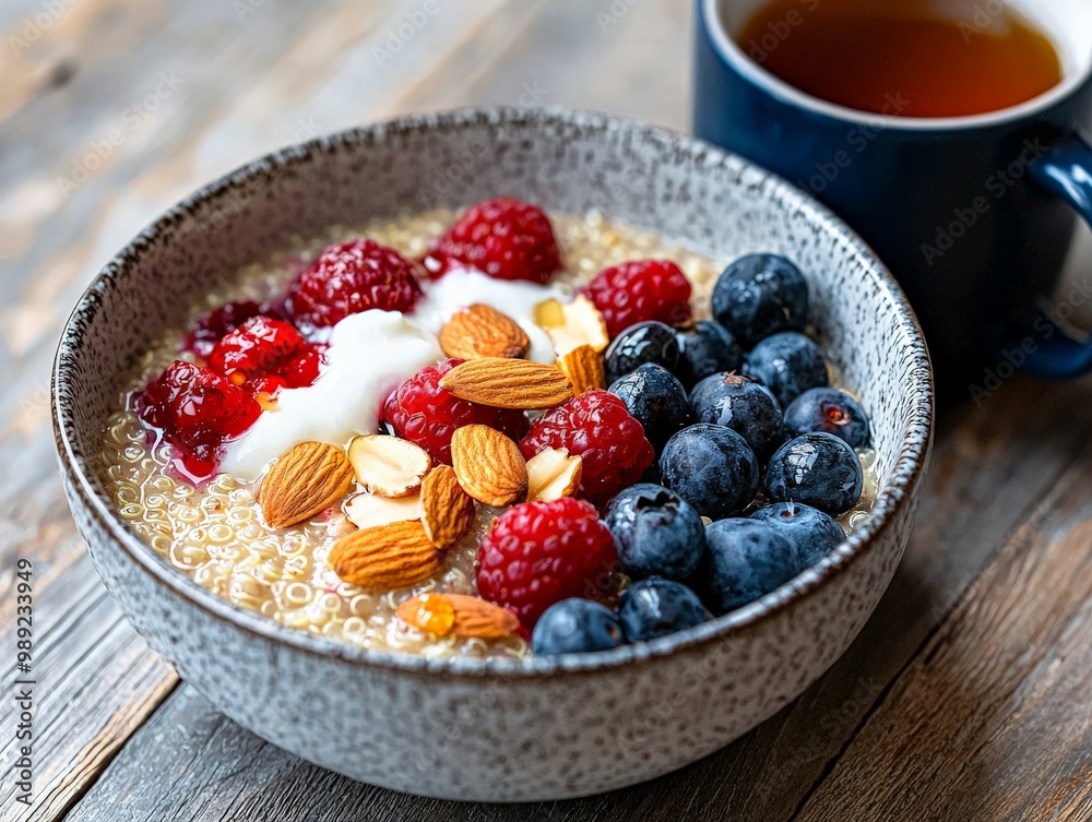 A bowl of warm quinoa porridge topped with berries, almonds, and a drizzle of honey, with a steaming mug of herbal tea beside it A bowl of warm quinoa porridge topped with berries, almonds, and a drizzle of honey, with a steaming mug of herbal tea beside it
