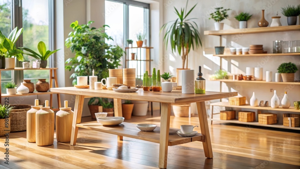 Obraz premium Interior of a bright and spacious retail store displaying homeware products on wooden tables and shelves