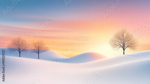 Chilly January evening with long shadows over snowy hills, bare trees silhouetted against a pastel sky, and the crisp feel of mid-winter in the air. photo