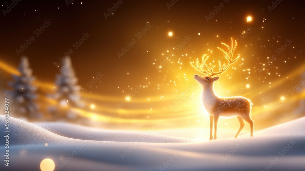 Christmas background with reindeer standing in a snowy field, softly illuminated by warm golden light, evoking a peaceful holiday atmosphere. Christmas background with reindeer standing in a snowy field, softly illuminated by warm golden light, evoking a peaceful holiday atmosphere.