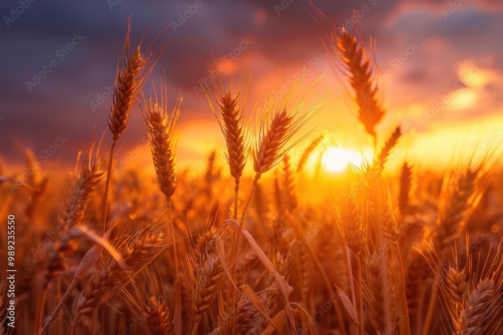 Golden wheat field basking in the warm glow of a stunning sunset, creating a serene and picturesque rural landscape. Golden wheat field basking in the warm glow of a stunning sunset, creating a serene and picturesque rural landscape.