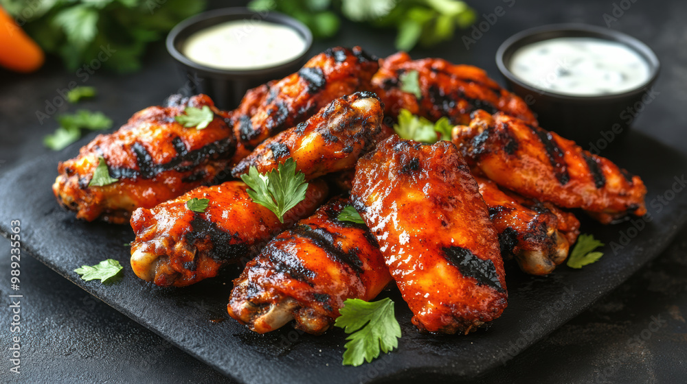 Grilled chicken wings marinated in spicy sauce, served with creamy dips, create mouthwatering dish perfect for gatherings. vibrant colors and textures enhance appeal Grilled chicken wings marinated in spicy sauce, served with creamy dips, create mouthwatering dish perfect for gatherings. vibrant colors and textures enhance appeal