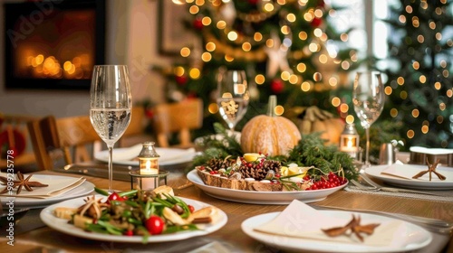 Festive Thanksgiving table beautifully set with elegant plates, silverware, and a decorative centerpiece featuring pinecones and greenery. Soft candlelight creates a warm, inviting holiday atmosphere.