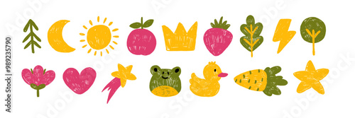 Cute kids doodle icon set, hand drawn funny illustration, vector color pencil sun, moon baby sketch. Cartoon childish scribble, flower, heart, apple, star, naive wax crayon art. Kids doodle collection
