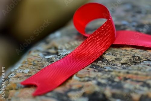 Concept of  cancer awareness day, red ribbon on a chair photo