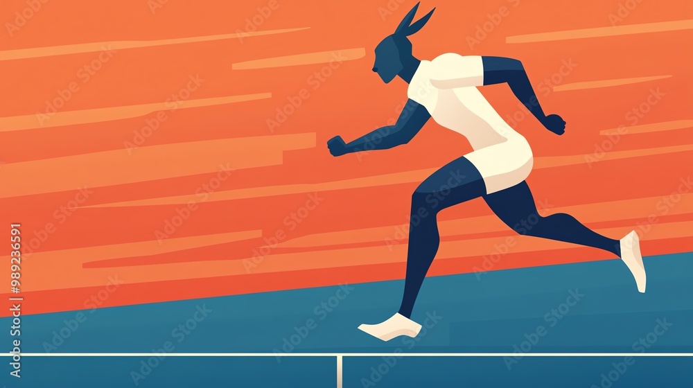 Obraz premium Rabbit running hurdles in a track and field event, jumping over a hurdle with precision, cartoon style