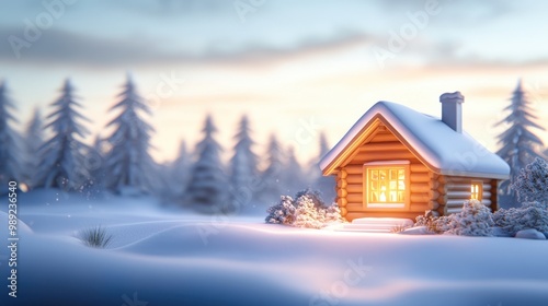 Cozy log cabin in a snowy winter landscape, warm light glowing through the windows, with snow-covered trees in the background.