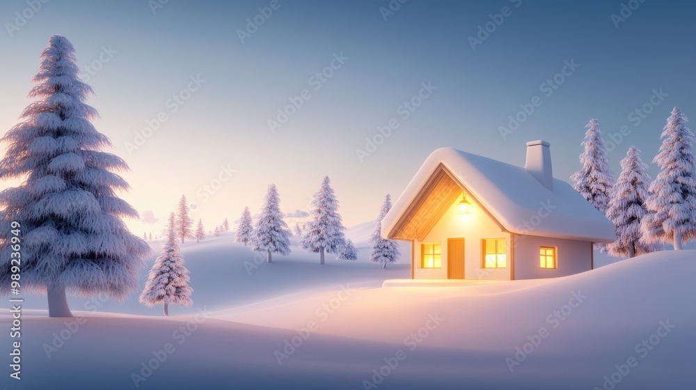 Naklejka premium Cozy winter cabin surrounded by snow-covered trees, with soft light spilling out of the windows and a peaceful snowy landscape around.