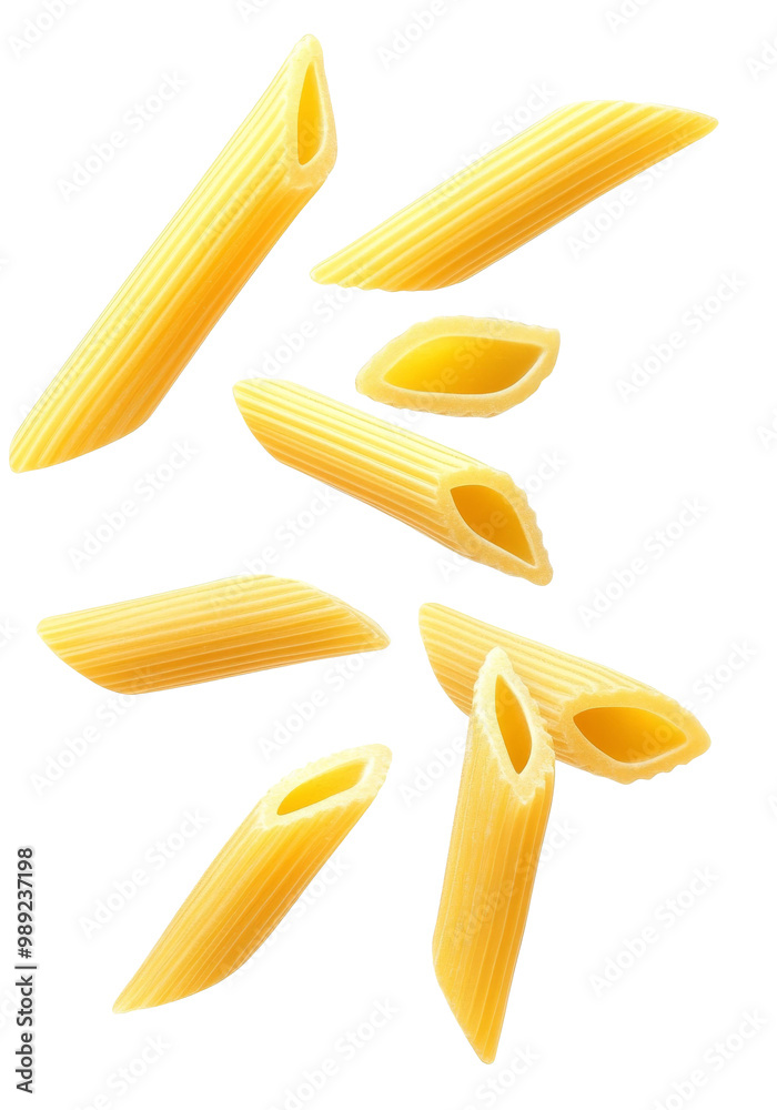 Falling raw Penne Rigate, uncooked Italian Pasta, isolated on white background, clipping path, full depth of field Falling raw Penne Rigate, uncooked Italian Pasta, isolated on white background, clipping path, full depth of field