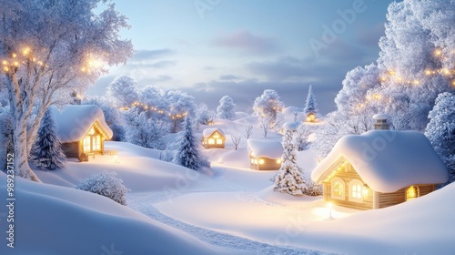 Cozy winter village scene with snow-covered houses, frosted trees, and soft lights glowing in the windows, creating a peaceful winter scene.