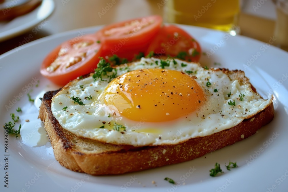 Delicious breakfast with sunny side up egg on toast tomatoes Delicious breakfast with sunny side up egg on toast tomatoes