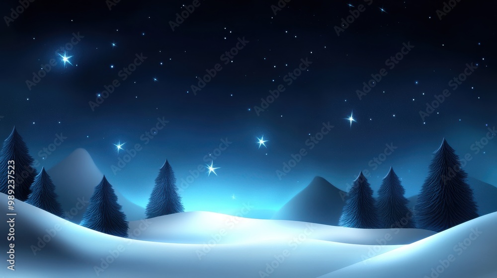 Naklejka premium Dark winter background with a deep blue sky, snow-covered trees silhouetted against the night, and a few stars peeking through the clouds.