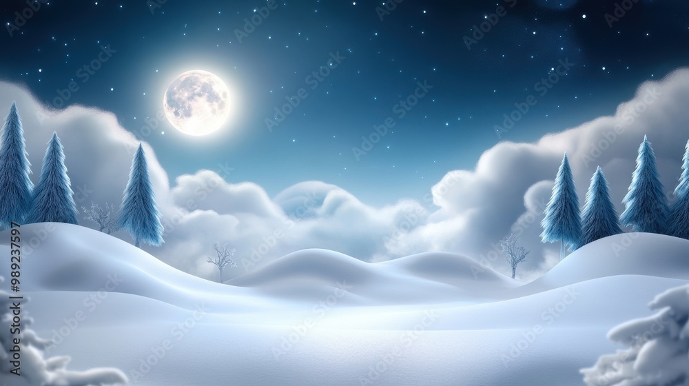 Naklejka premium Dark winter background with thick clouds, barely visible moonlight, and a snow-covered forest bathed in shadow.