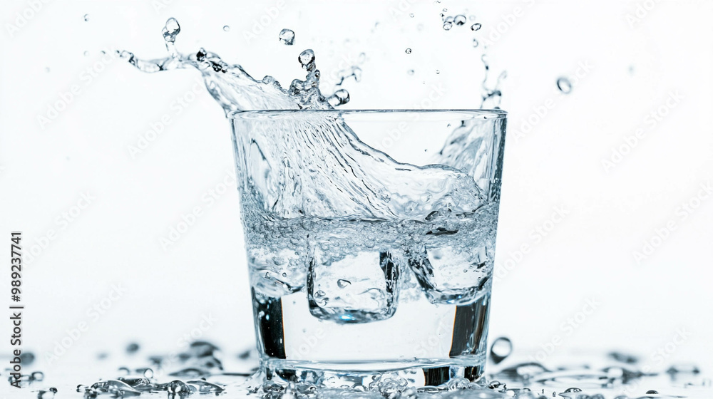 A glass of water splashing on a white background A glass of water splashing on a white background