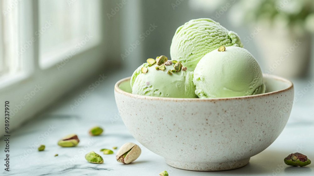 Delicious pistachio ice cream in a bowl on a white marble counter against a bright window