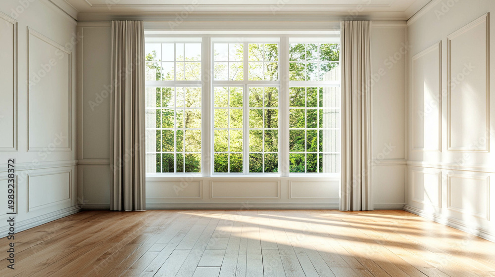 Empty living room with a large and bright window with a light beige curtain Empty living room with a large and bright window with a light beige curtain