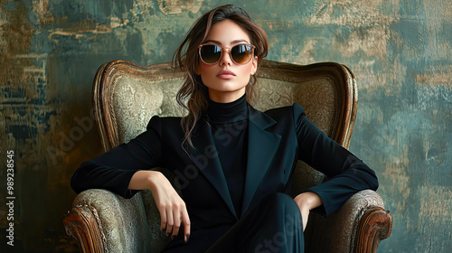A woman in a suit and sunglasses sits in a black chair. Generative AI