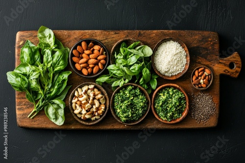 A beautiful flat lay of fresh herbs, nuts, and seeds for a healthy pesto sauce, arranged on a rustic wooden cutting board photo