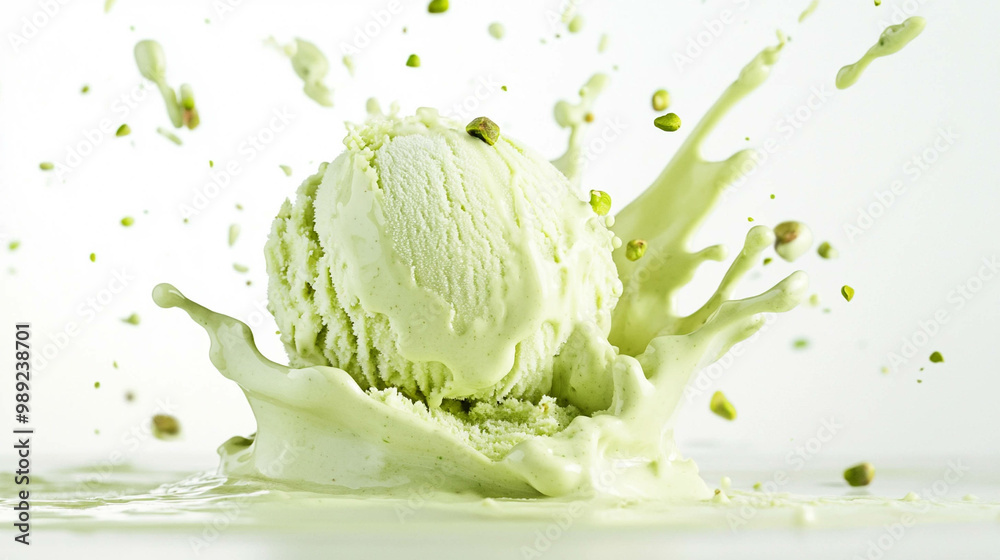 Pistachio ice cream splashing on a white background