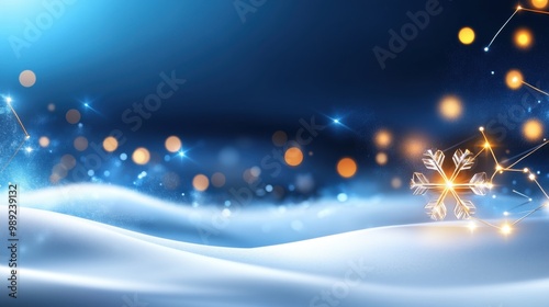 Elegant snowflakes floating in a winter sky, with glowing Christmas lights illuminating the background.
