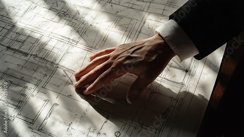 Person holding architectural blueprints in an urban construction site. Generative AI