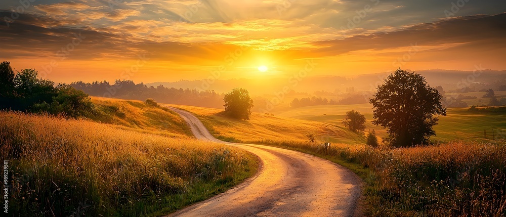 Bright golden sunrise illuminating a winding rural dirt road cutting through a lush peaceful countryside landscape of rolling hills meadows and trees The scene symbolizes the start of a new path Bright golden sunrise illuminating a winding rural dirt road cutting through a lush peaceful countryside landscape of rolling hills meadows and trees The scene symbolizes the start of a new path