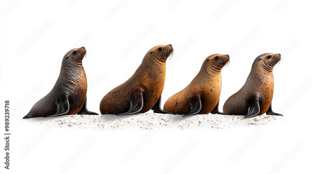 Fototapeta premium Four playful sea lions basking on the beach, showcasing their unique coats and personalities in a vibrant coastal setting.