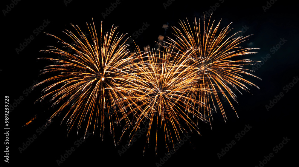 Golden Fireworks Burst on Black Background. Bright and Festive Celebration Display