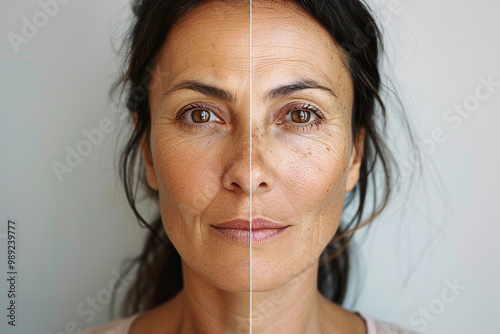 Two portraits of a mature woman with wrinkles and freckles contrasting characteristics generative ai