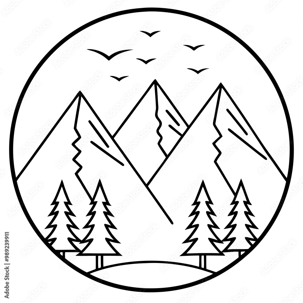 Obraz premium Line Art Vector of Mountains Framed by Pines with Birds Overhead
