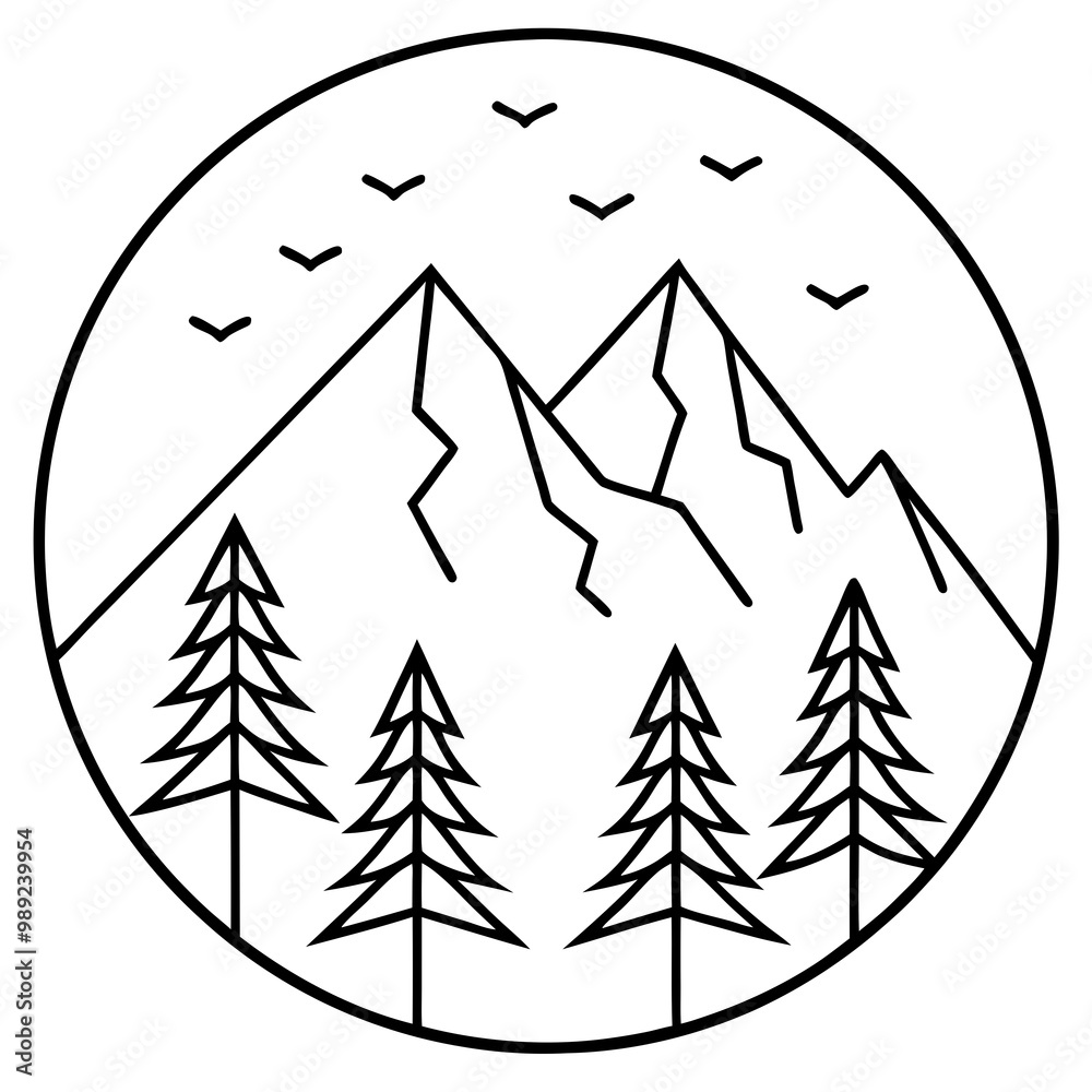 Obraz premium Line Art Vector of Mountains Framed by Pines with Birds Overhead