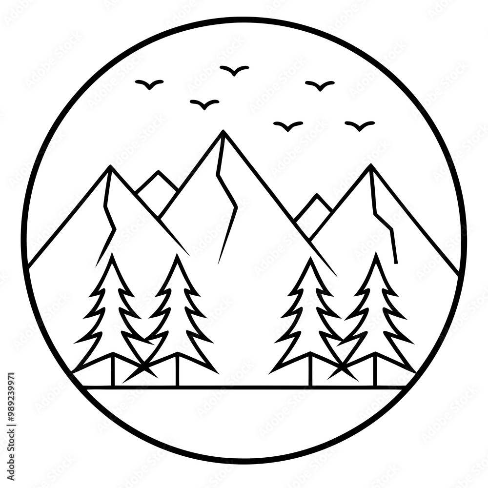 Obraz premium Line Art Vector of Mountains Framed by Pines with Birds Overhead
