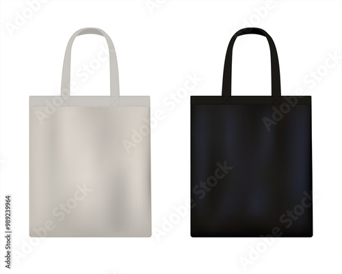 Black fabric bag  and white cotton eco bag mockup. Canvas bag with handle. Reusable shopping bag. Eco-bag for groceries. Vector Realistic illustration isolated on white background.