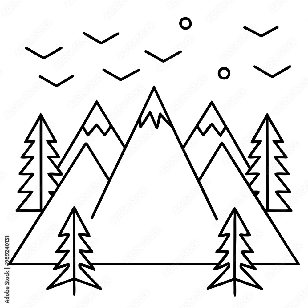 Fototapeta premium Line Art Vector of Mountains Framed by Pines with Birds Overhead