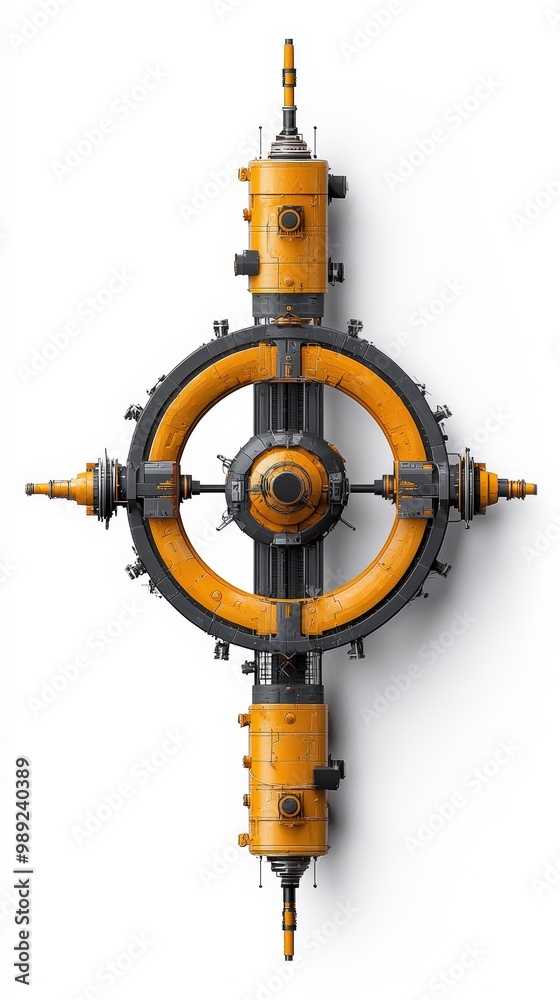 Futuristic mechanical design featuring an intricate orange and gray circular structure with valves and details.