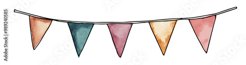 Triangle bunting flags, string decor. Birthday celebration, new year party, anniversary isolated on white background. Decorative garland banner, watercolor doodle element. Hand drawn vector 