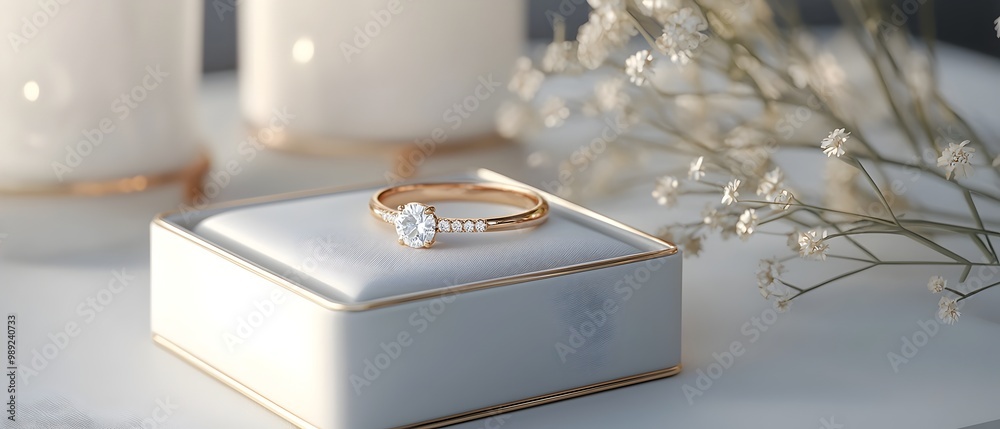 Customized wedding ring box with elegant and romantic proposal scene 3D of a luxurious and meticulously designed jewelry accessory for a special engagement moment Customized wedding ring box with elegant and romantic proposal scene 3D of a luxurious and meticulously designed jewelry accessory for a special engagement moment