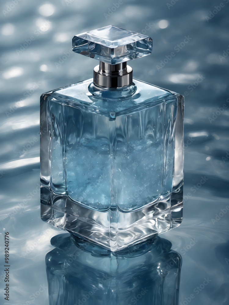 Perfume bottle partially submerged in crystal-clear water, with soft blue reflections around it Perfume bottle partially submerged in crystal-clear water, with soft blue reflections around it