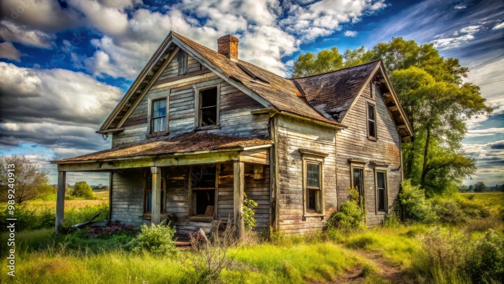 Old wooden house is slowly decaying in a field as nature reclaims the property Old wooden house is slowly decaying in a field as nature reclaims the property