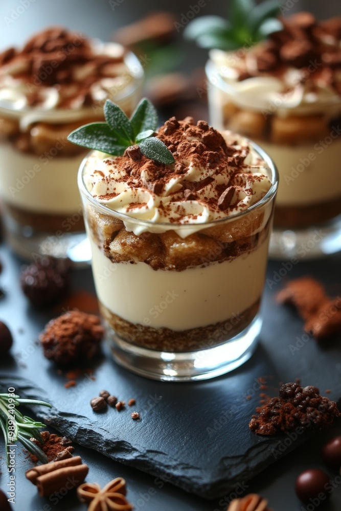 Tiramisu, served in glass. on slate surface. Italian tiramisu cake. studio lighting. Tiramisu, served in glass. on slate surface. Italian tiramisu cake. studio lighting.