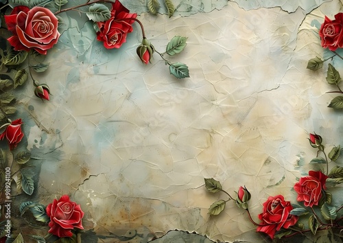 Vintage Paper Texture With Red Roses for Valentine's Day Card