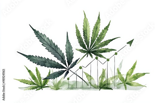 Illustration of cannabis leaves with upward growth chart, symbolizing the increasing trends in the cannabis industry.